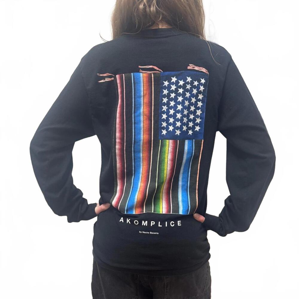 Akomplice S Black w/Multi Color Flag Organic Cotton Long Sleeve T-shirt